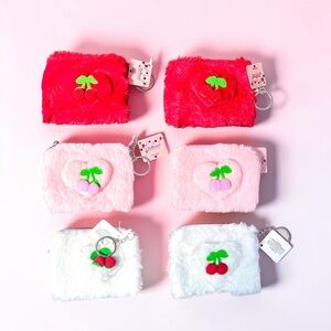 Lot of 6 Fuzzy Soft Heart Coin Purses Pouches Keychains & Embroidered Cherries